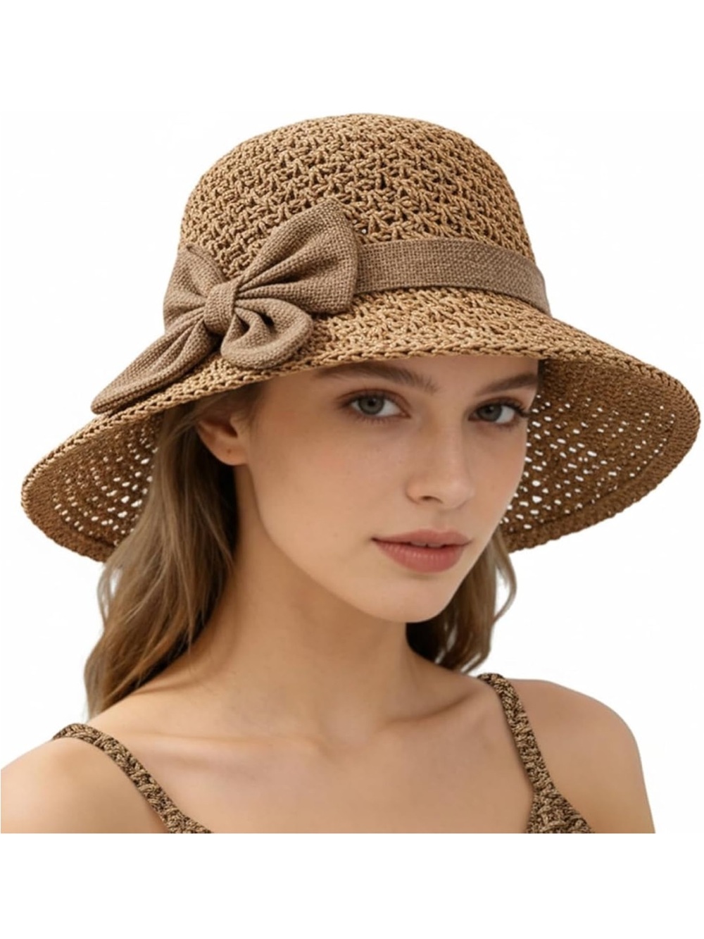 Women’s Wide Brim Straw Sun Hat with Bow - Tan